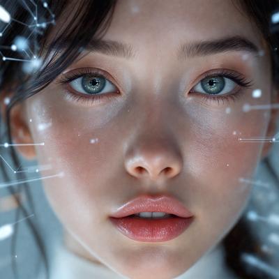 The primary subject of the image is a woman with a beautiful face. She has a pink lipstick on her lips, and her eyes are open. The setting is a futuristic environment, with a background featuring a digital artwork of a woman's face. The visual style is a combination of photo and digital art, creating a unique and captivating image. The colors and mood of the image are vibrant and lively, with a focus on the woman's beauty and the futuristic atmosphere.